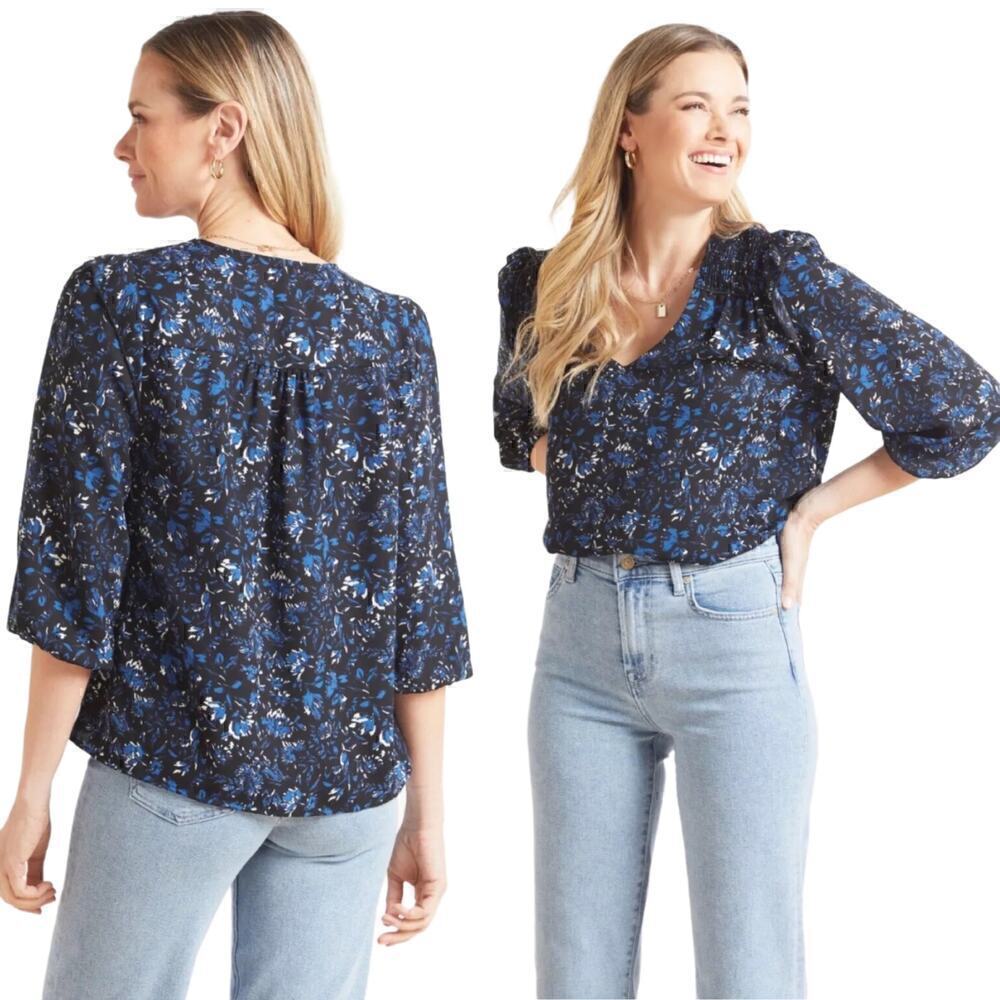 Roan + Ryan by Evereve Black Blue Floral Print Ellis V Neck Blouse Size XS